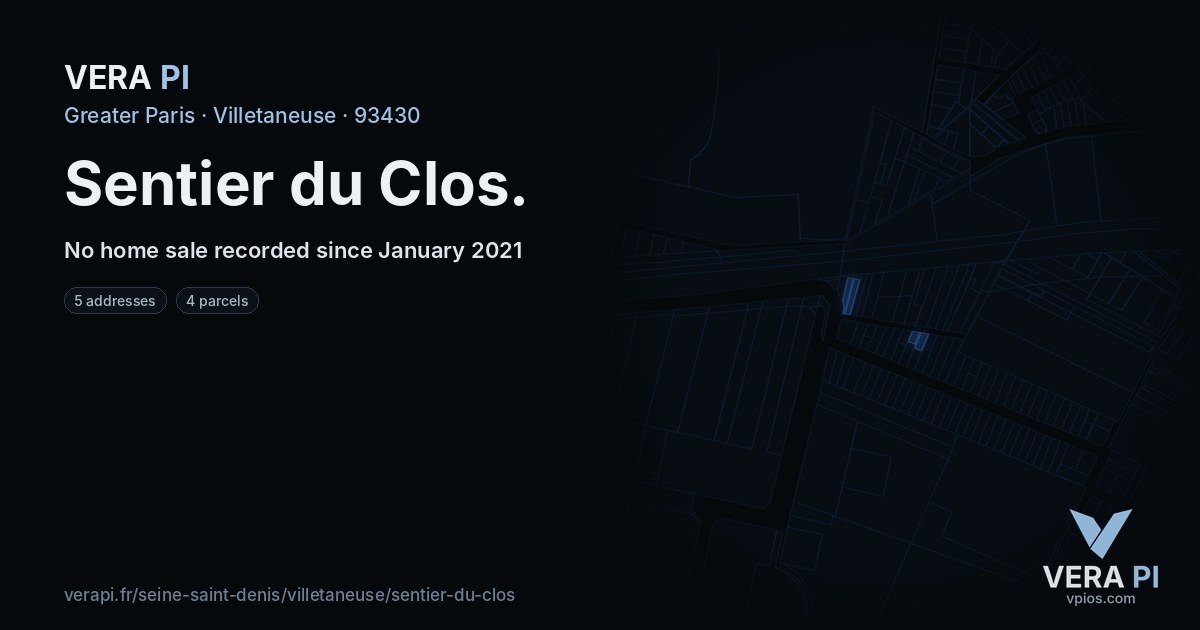 Sentier du Clos, Villetaneuse at night – every parcel coloured by the prices around it, the street's own parcels lit