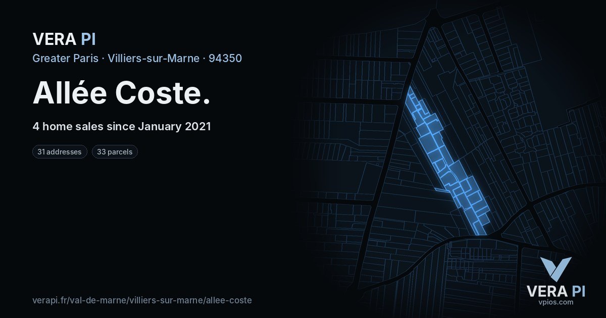 Allée Coste, Villiers-sur-Marne at night – every parcel coloured by the prices around it, the street's own parcels lit