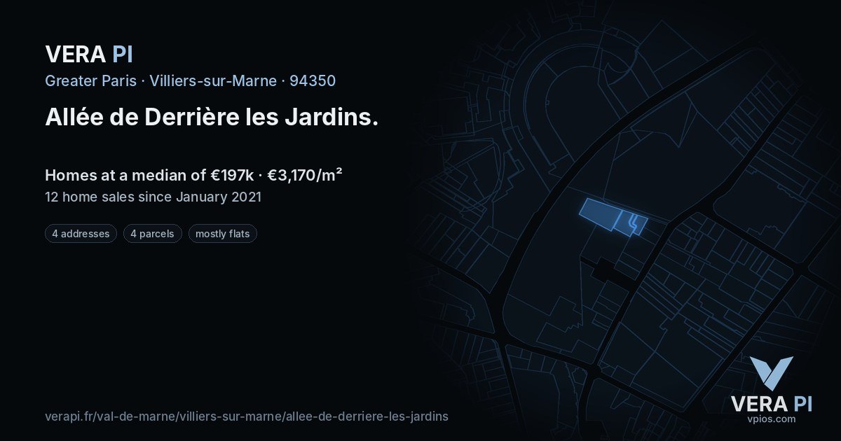 Allée de Derrière les Jardins, Villiers-sur-Marne at night – every parcel coloured by the prices around it, the street's own parcels lit