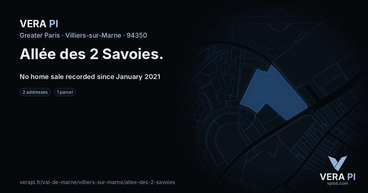 Allée des 2 Savoies, Villiers-sur-Marne at night – every parcel coloured by the prices around it, the street's own parcels lit