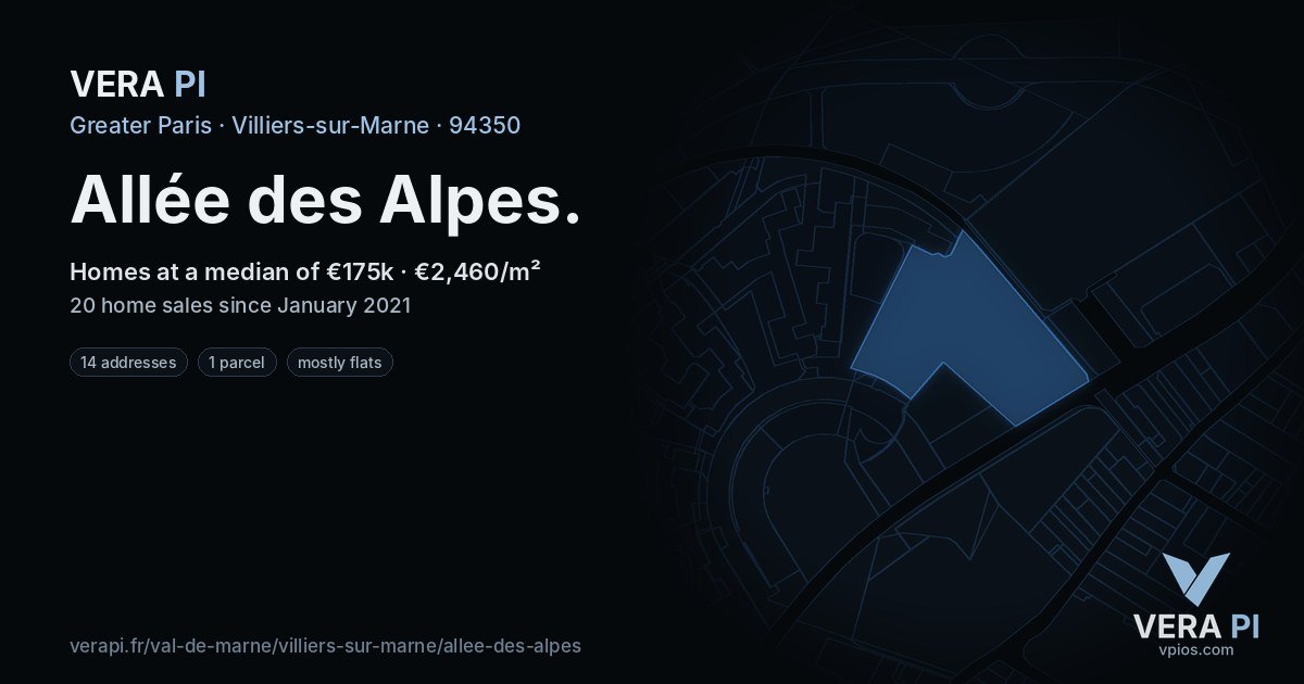 Allée des Alpes, Villiers-sur-Marne at night – every parcel coloured by the prices around it, the street's own parcels lit