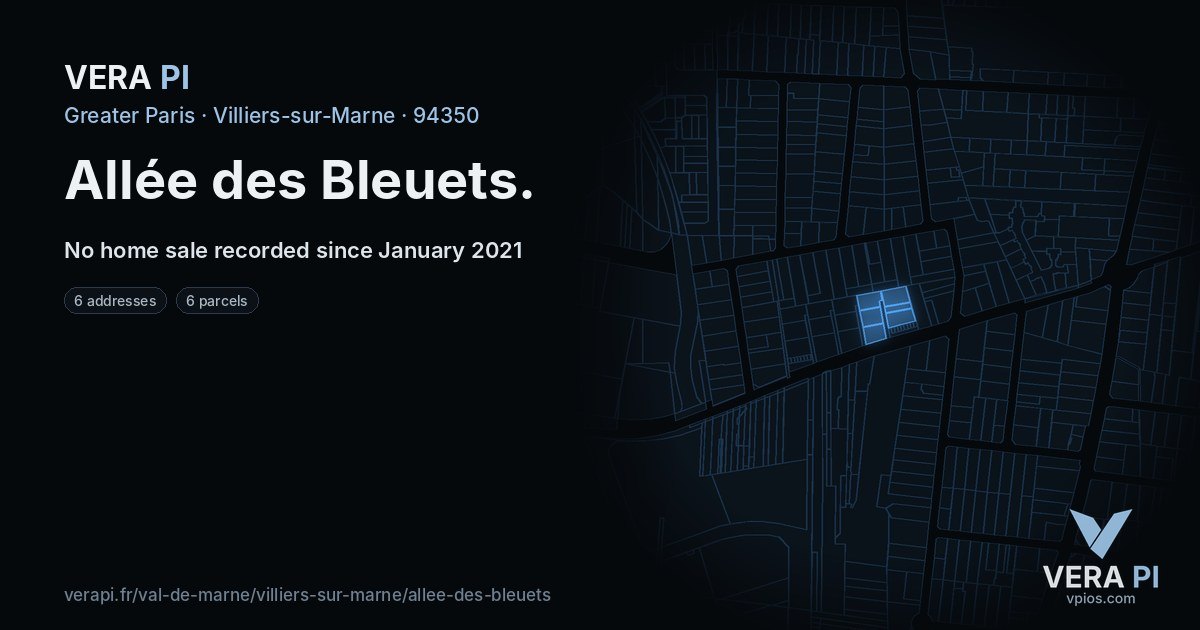 Allée des Bleuets, Villiers-sur-Marne at night – every parcel coloured by the prices around it, the street's own parcels lit