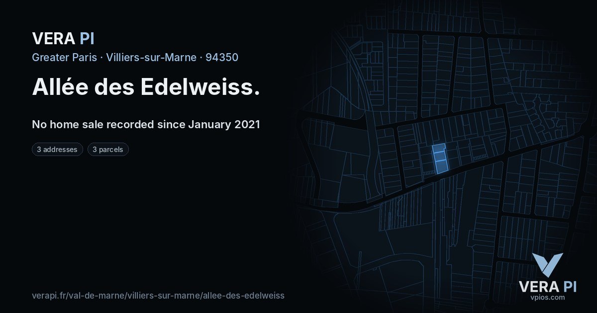 Allée des Edelweiss, Villiers-sur-Marne at night – every parcel coloured by the prices around it, the street's own parcels lit