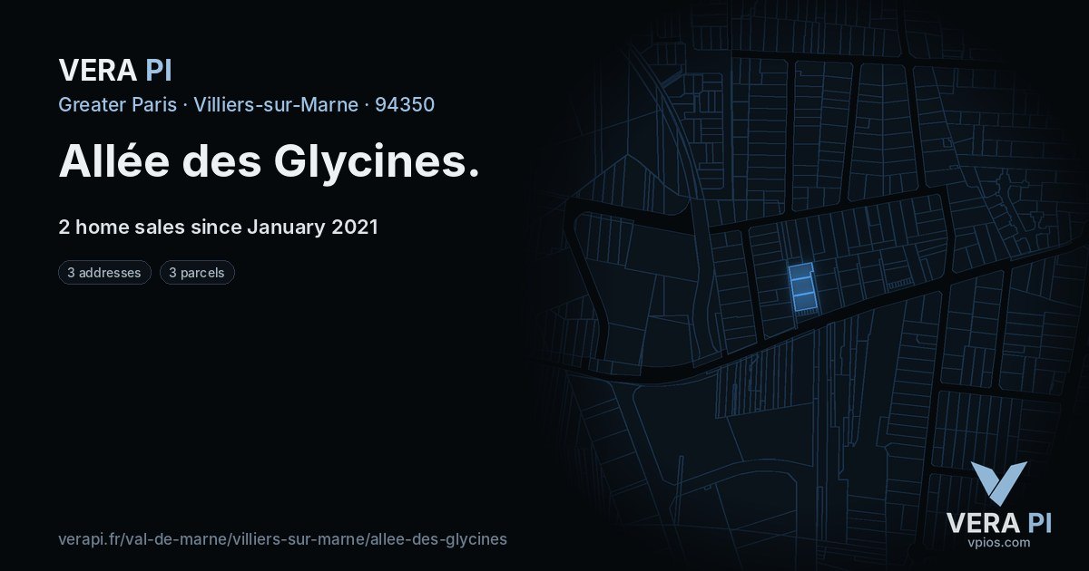 Allée des Glycines, Villiers-sur-Marne at night – every parcel coloured by the prices around it, the street's own parcels lit