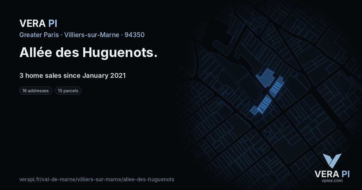 Allée des Huguenots, Villiers-sur-Marne at night – every parcel coloured by the prices around it, the street's own parcels lit