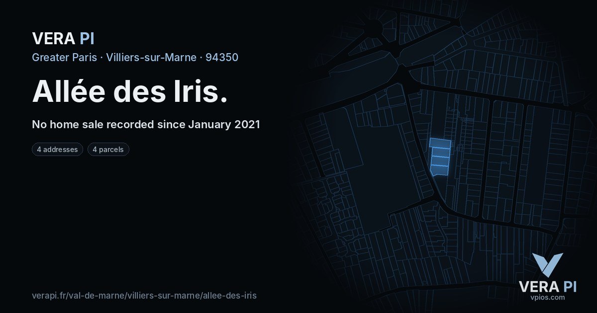 Allée des Iris, Villiers-sur-Marne at night – every parcel coloured by the prices around it, the street's own parcels lit