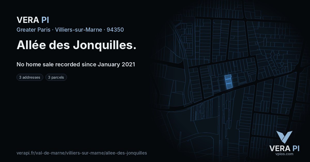 Allée des Jonquilles, Villiers-sur-Marne at night – every parcel coloured by the prices around it, the street's own parcels lit
