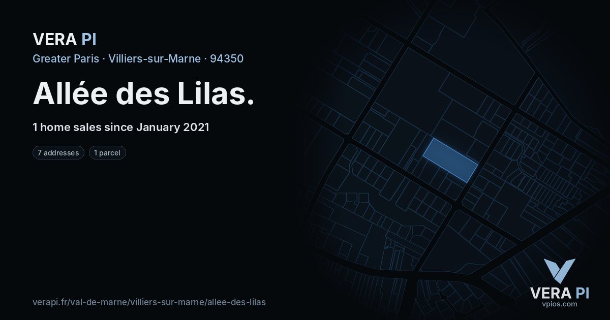Allée des Lilas, Villiers-sur-Marne at night – every parcel coloured by the prices around it, the street's own parcels lit