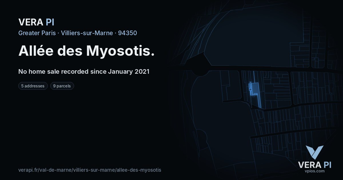 Allée des Myosotis, Villiers-sur-Marne at night – every parcel coloured by the prices around it, the street's own parcels lit