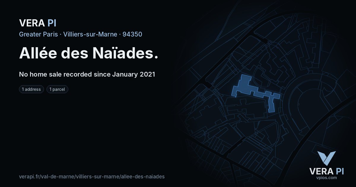 Allée des Naïades, Villiers-sur-Marne at night – every parcel coloured by the prices around it, the street's own parcels lit