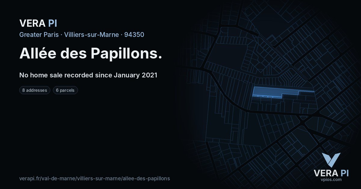 Allée des Papillons, Villiers-sur-Marne at night – every parcel coloured by the prices around it, the street's own parcels lit