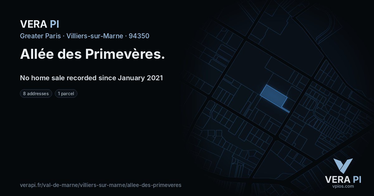 Allée des Primevères, Villiers-sur-Marne at night – every parcel coloured by the prices around it, the street's own parcels lit