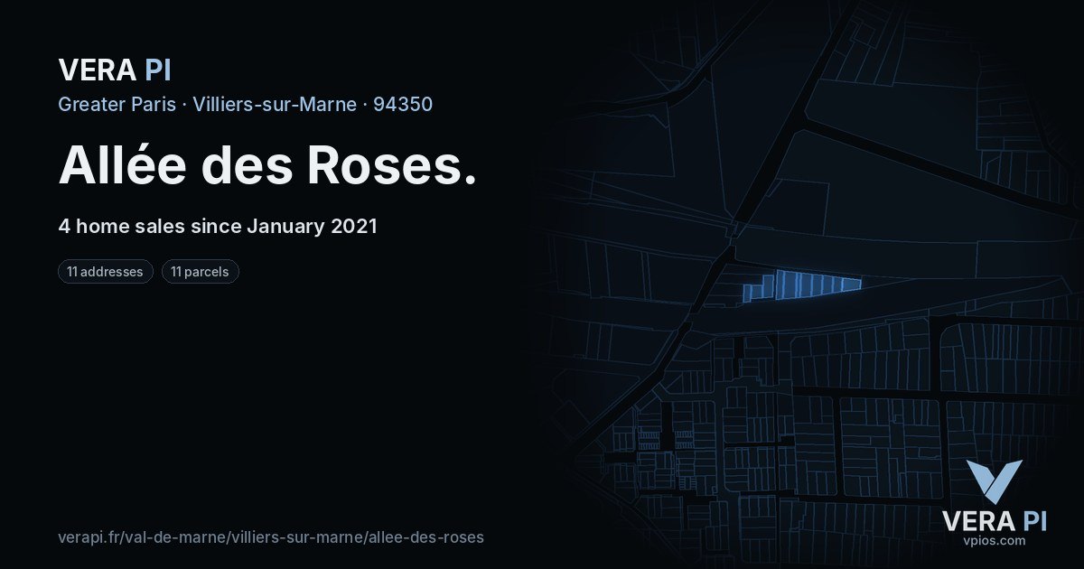 Allée des Roses, Villiers-sur-Marne at night – every parcel coloured by the prices around it, the street's own parcels lit