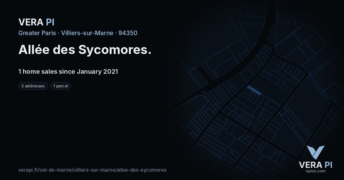 Allée des Sycomores, Villiers-sur-Marne at night – every parcel coloured by the prices around it, the street's own parcels lit