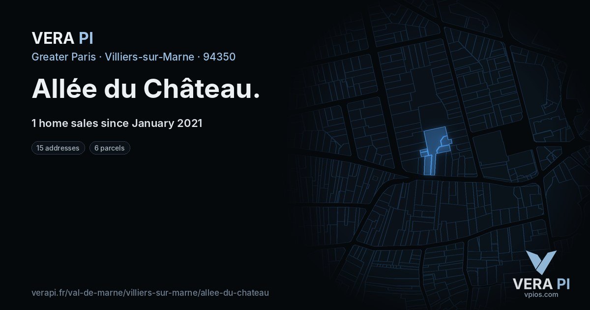 Allée du Château, Villiers-sur-Marne at night – every parcel coloured by the prices around it, the street's own parcels lit