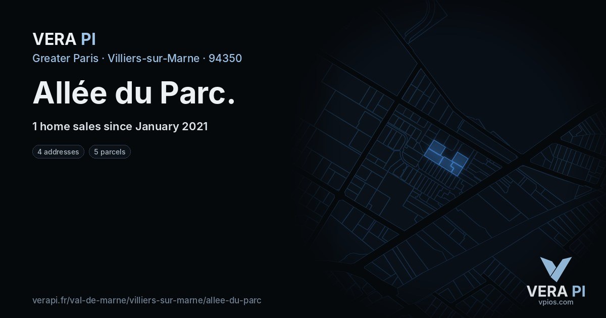 Allée du Parc, Villiers-sur-Marne at night – every parcel coloured by the prices around it, the street's own parcels lit