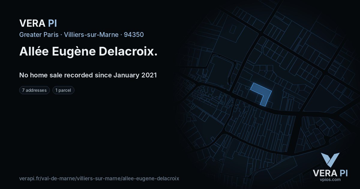 Allée Eugène Delacroix, Villiers-sur-Marne at night – every parcel coloured by the prices around it, the street's own parcels lit