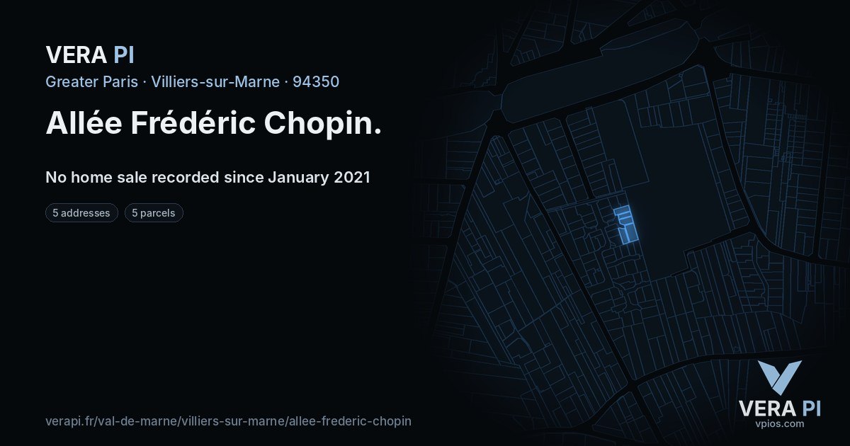 Allée Frédéric Chopin, Villiers-sur-Marne at night – every parcel coloured by the prices around it, the street's own parcels lit