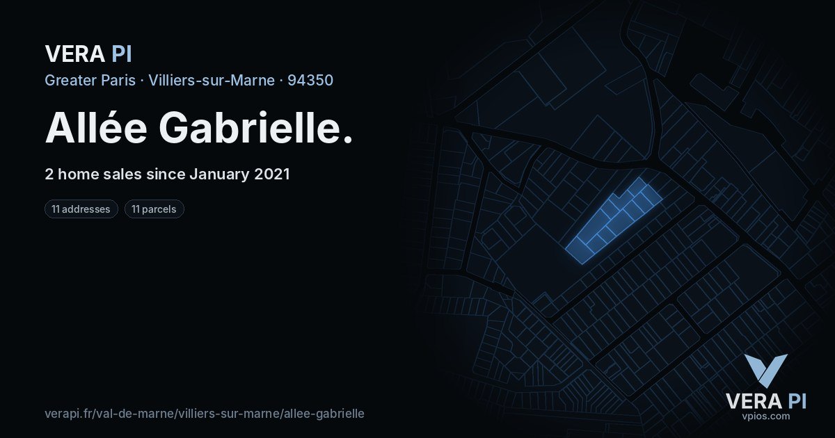 Allée Gabrielle, Villiers-sur-Marne at night – every parcel coloured by the prices around it, the street's own parcels lit