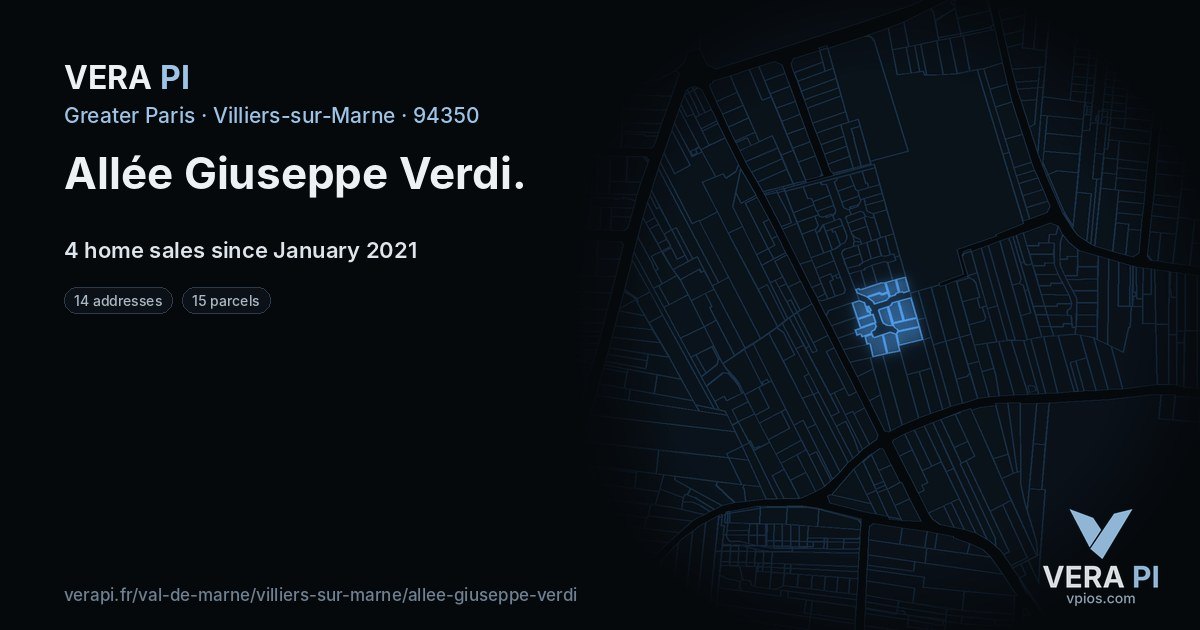 Allée Giuseppe Verdi, Villiers-sur-Marne at night – every parcel coloured by the prices around it, the street's own parcels lit