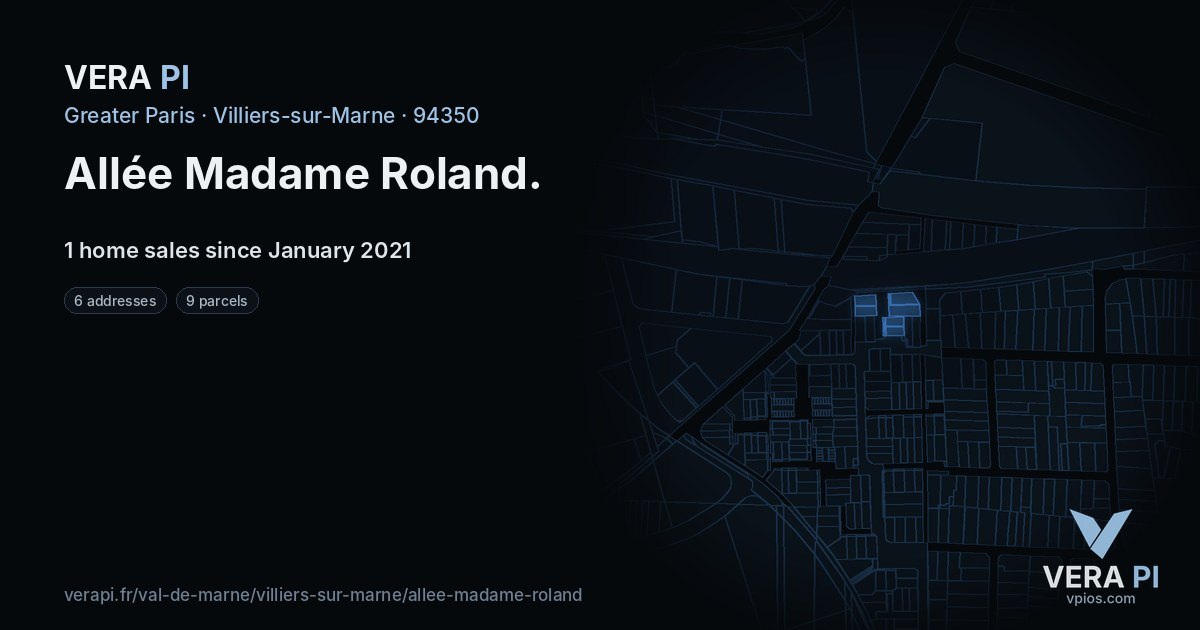 Allée Madame Roland, Villiers-sur-Marne at night – every parcel coloured by the prices around it, the street's own parcels lit