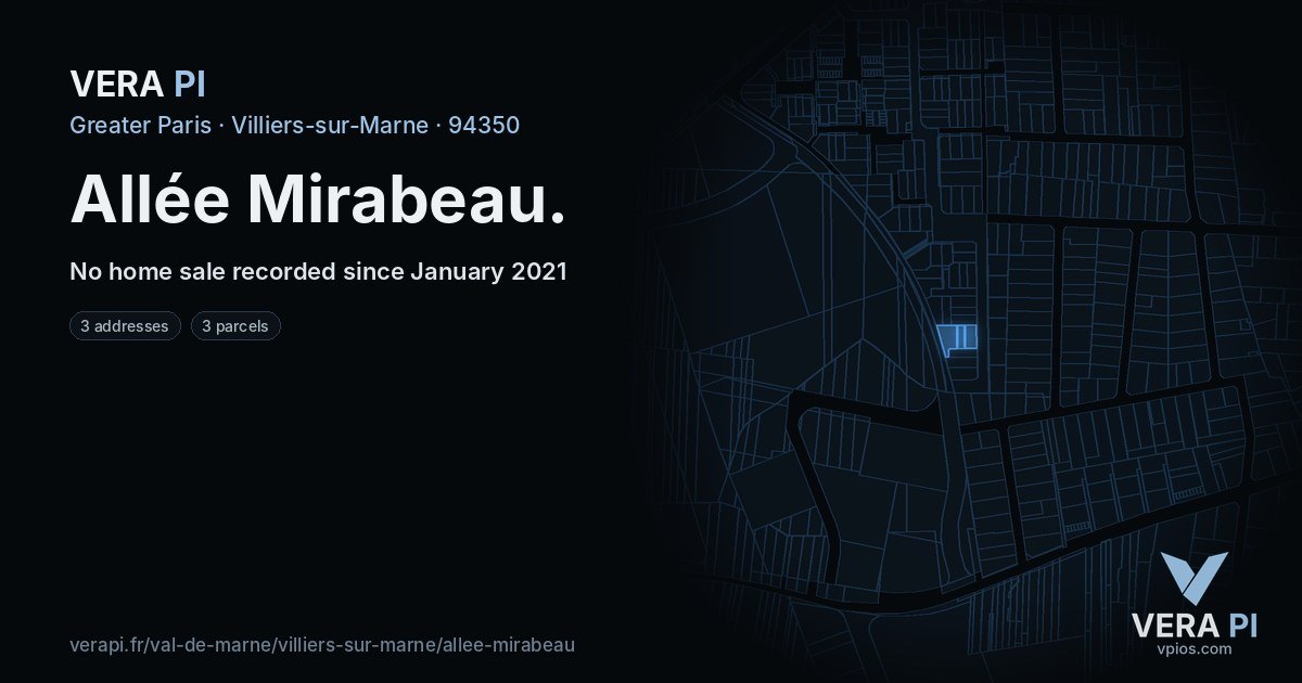 Allée Mirabeau, Villiers-sur-Marne at night – every parcel coloured by the prices around it, the street's own parcels lit