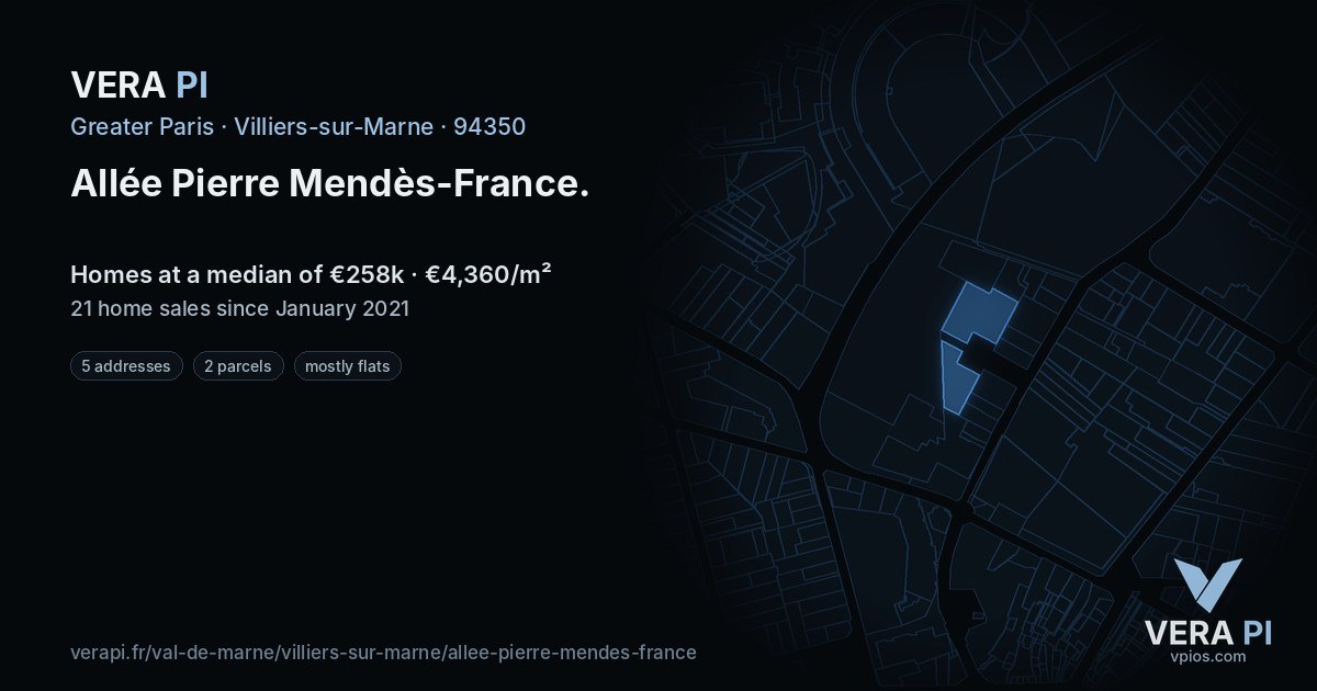 Allée Pierre Mendès-France, Villiers-sur-Marne at night – every parcel coloured by the prices around it, the street's own parcels lit