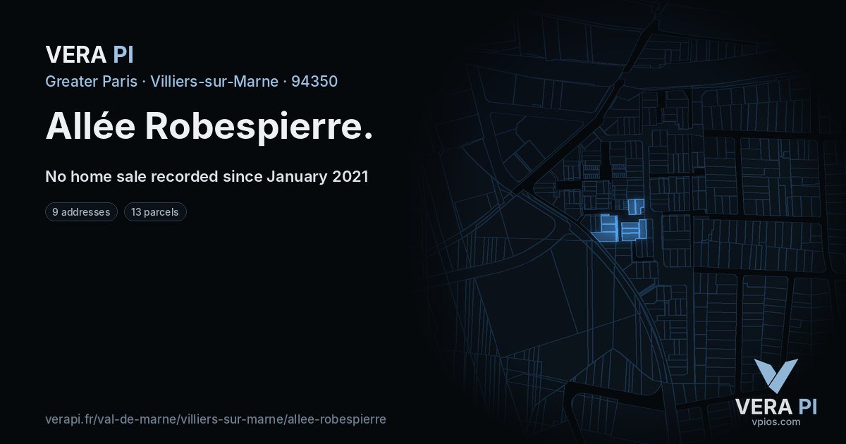 Allée Robespierre, Villiers-sur-Marne at night – every parcel coloured by the prices around it, the street's own parcels lit