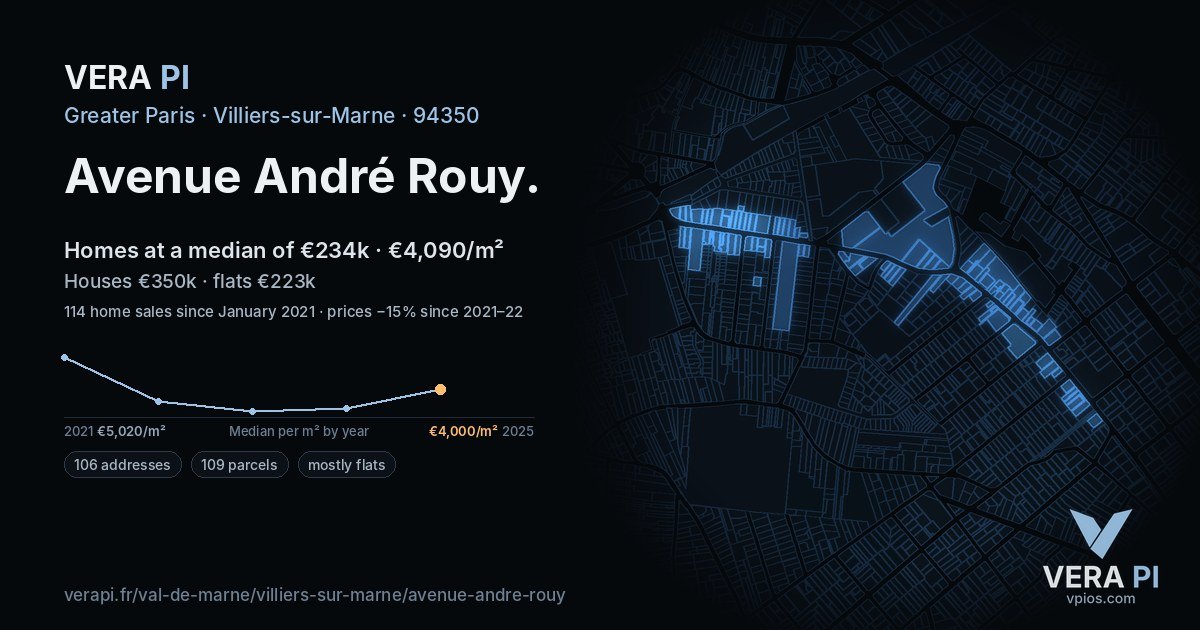 Avenue André Rouy, Villiers-sur-Marne at night – every parcel coloured by the prices around it, the street's own parcels lit