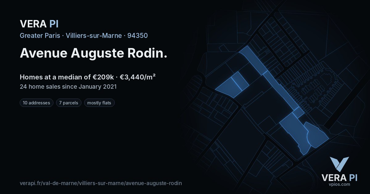 Avenue Auguste Rodin, Villiers-sur-Marne at night – every parcel coloured by the prices around it, the street's own parcels lit