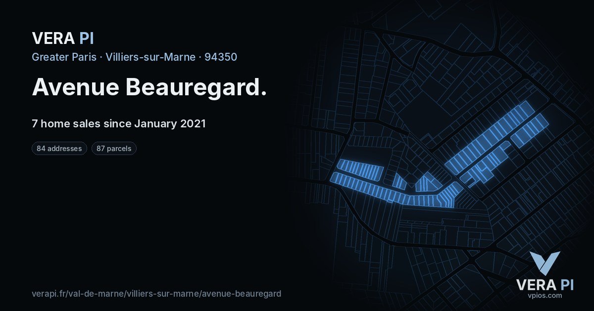 Avenue Beauregard, Villiers-sur-Marne at night – every parcel coloured by the prices around it, the street's own parcels lit