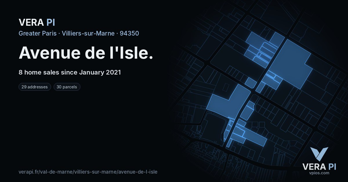 Avenue de l'Isle, Villiers-sur-Marne at night – every parcel coloured by the prices around it, the street's own parcels lit