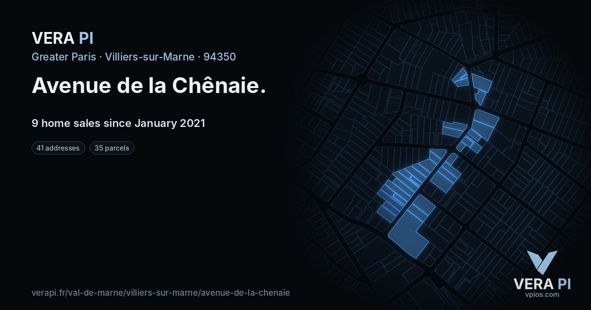 Avenue de la Chênaie, Villiers-sur-Marne at night – every parcel coloured by the prices around it, the street's own parcels lit