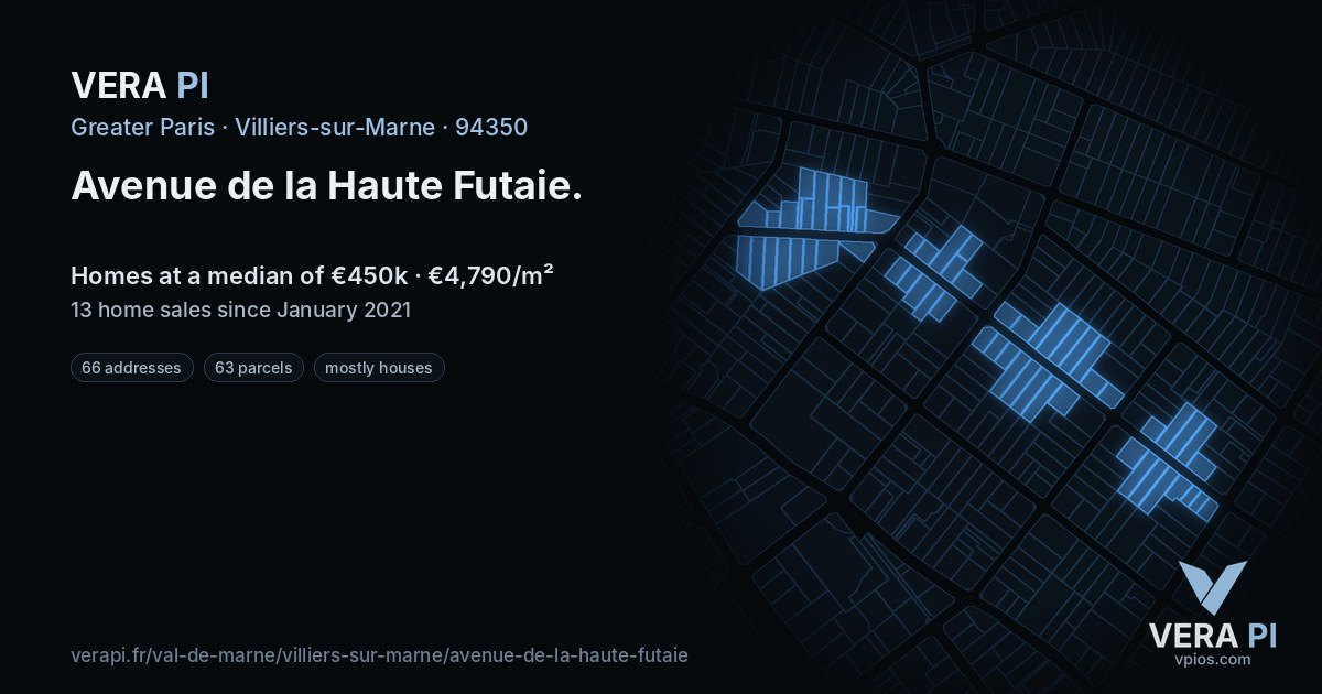 Avenue de la Haute Futaie, Villiers-sur-Marne at night – every parcel coloured by the prices around it, the street's own parcels lit