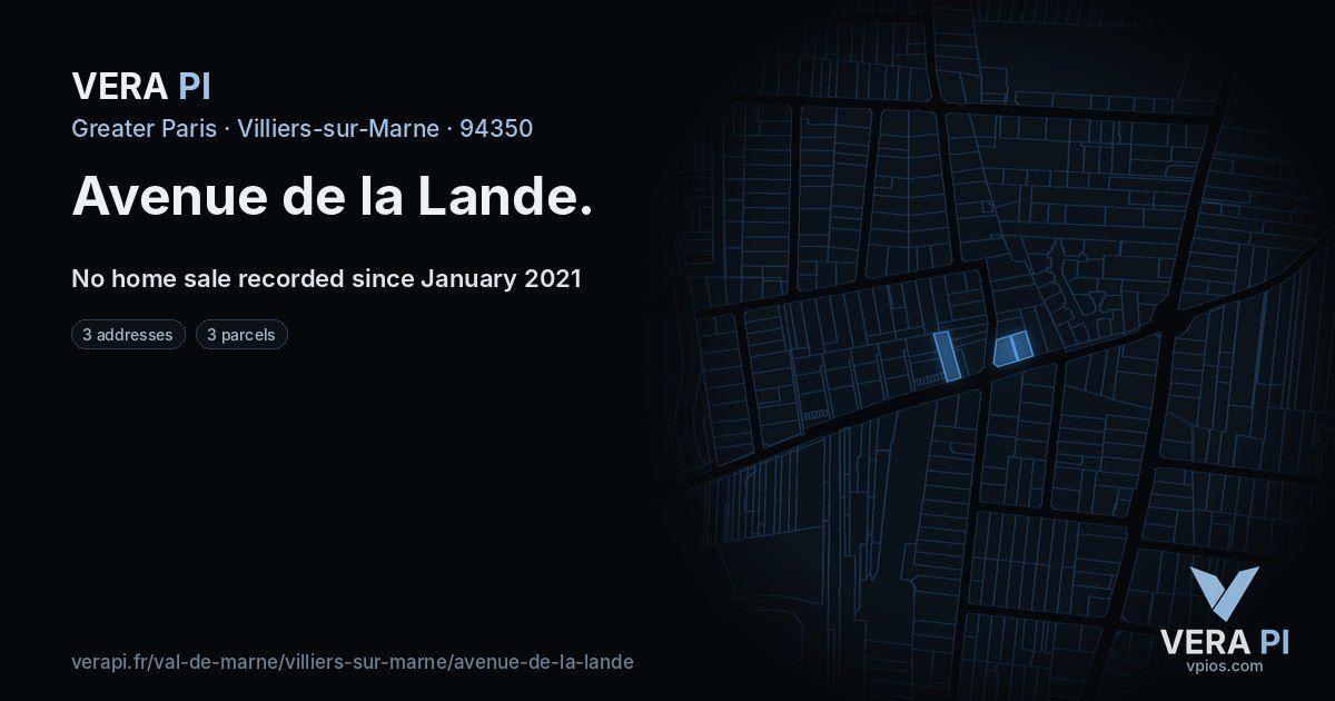 Avenue de la Lande, Villiers-sur-Marne at night – every parcel coloured by the prices around it, the street's own parcels lit