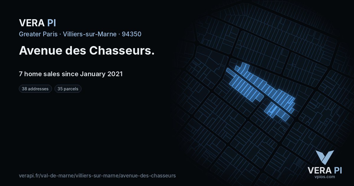 Avenue des Chasseurs, Villiers-sur-Marne at night – every parcel coloured by the prices around it, the street's own parcels lit