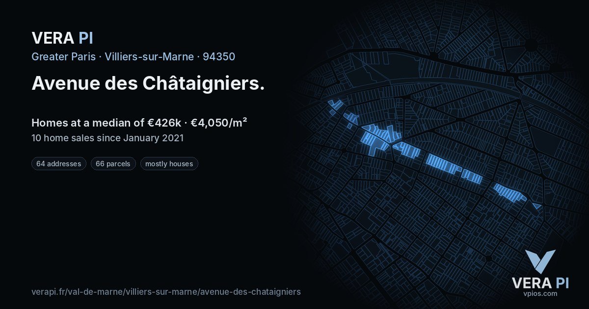 Avenue des Châtaigniers, Villiers-sur-Marne at night – every parcel coloured by the prices around it, the street's own parcels lit