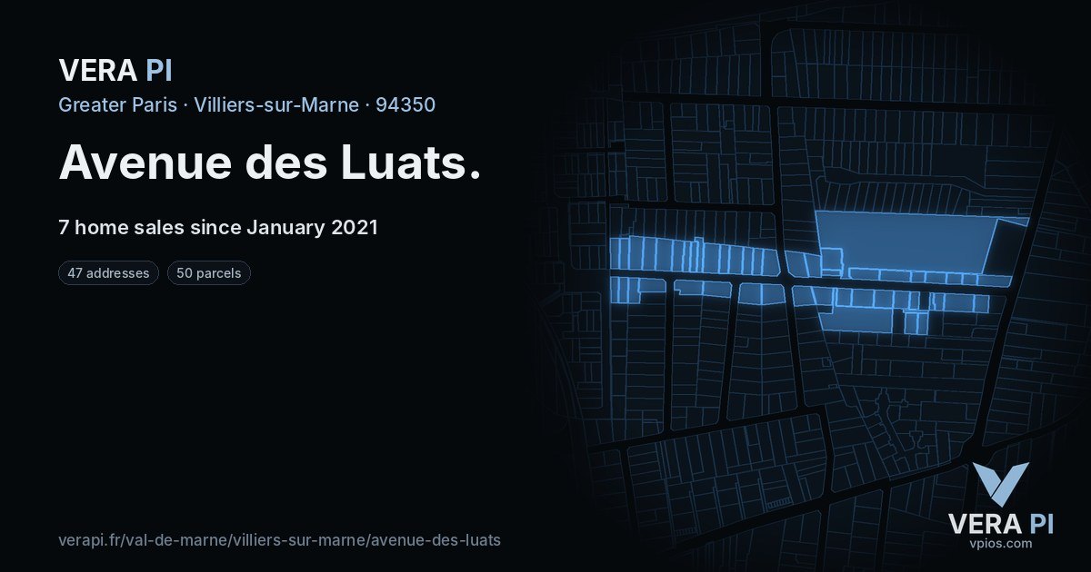 Avenue des Luats, Villiers-sur-Marne at night – every parcel coloured by the prices around it, the street's own parcels lit