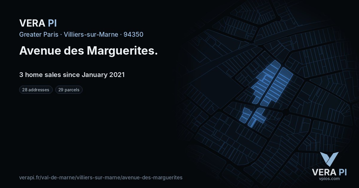 Avenue des Marguerites, Villiers-sur-Marne at night – every parcel coloured by the prices around it, the street's own parcels lit