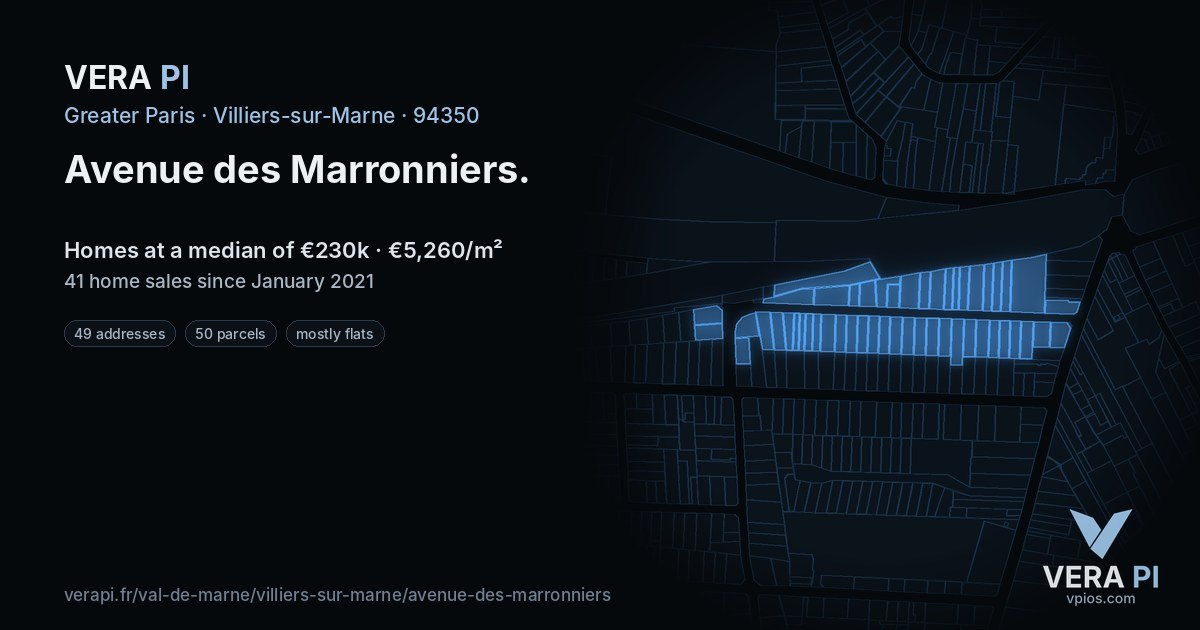 Avenue des Marronniers, Villiers-sur-Marne at night – every parcel coloured by the prices around it, the street's own parcels lit