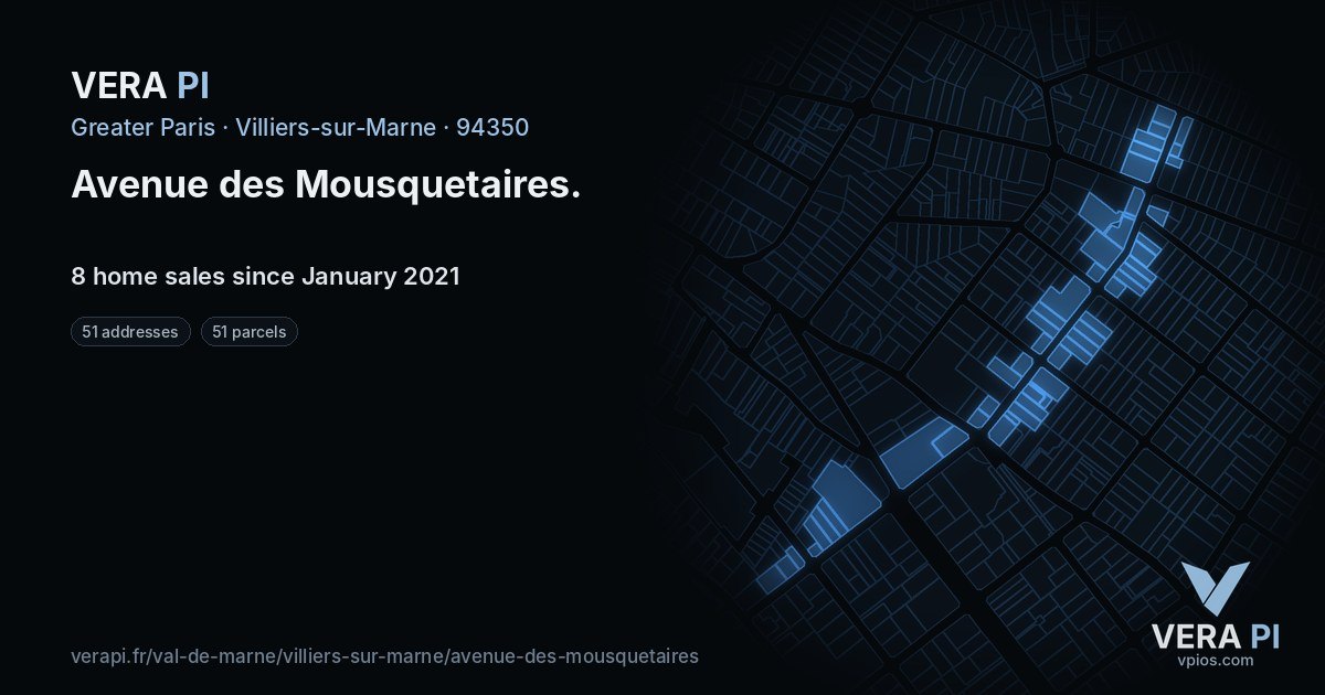 Avenue des Mousquetaires, Villiers-sur-Marne at night – every parcel coloured by the prices around it, the street's own parcels lit