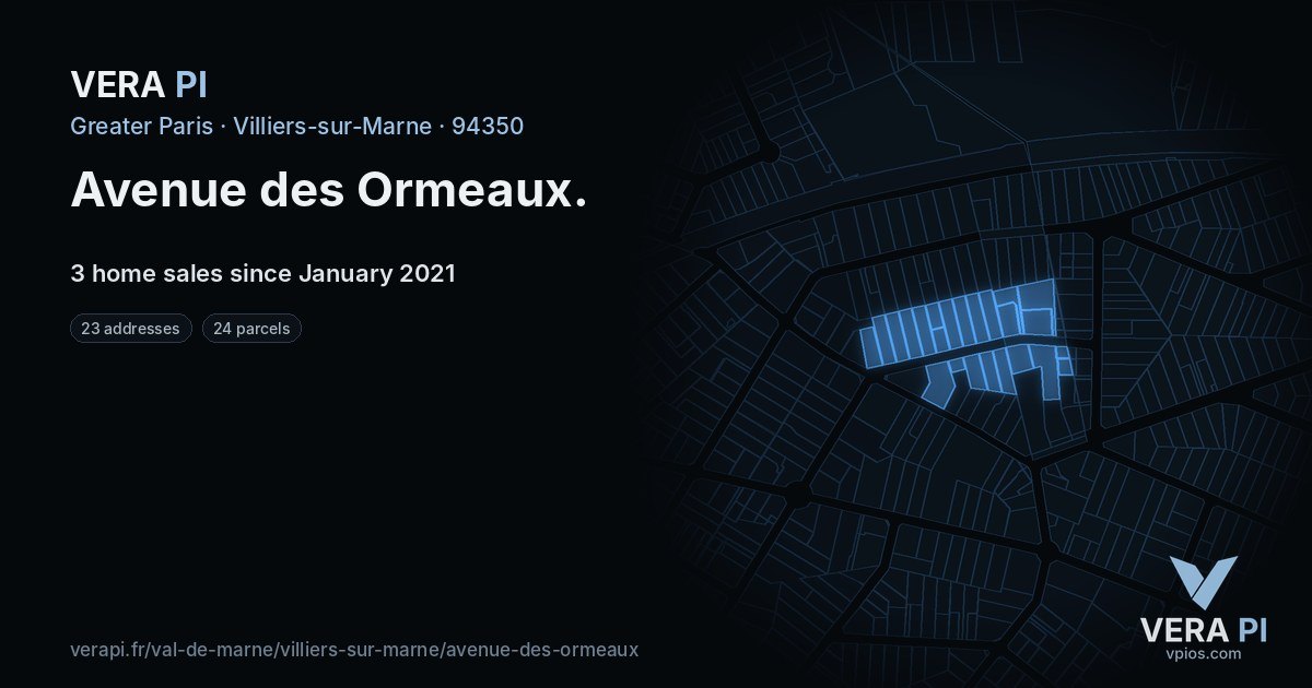 Avenue des Ormeaux, Villiers-sur-Marne at night – every parcel coloured by the prices around it, the street's own parcels lit