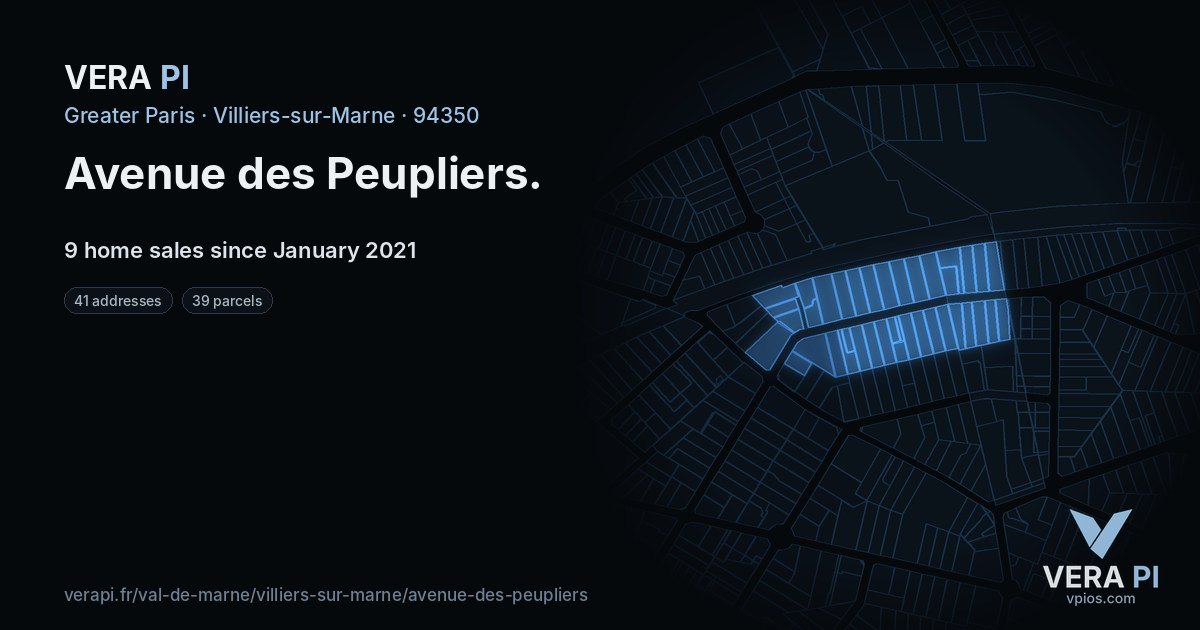 Avenue des Peupliers, Villiers-sur-Marne at night – every parcel coloured by the prices around it, the street's own parcels lit