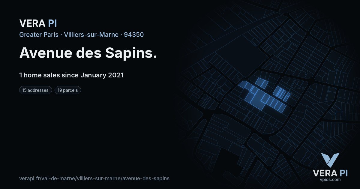 Avenue des Sapins, Villiers-sur-Marne at night – every parcel coloured by the prices around it, the street's own parcels lit