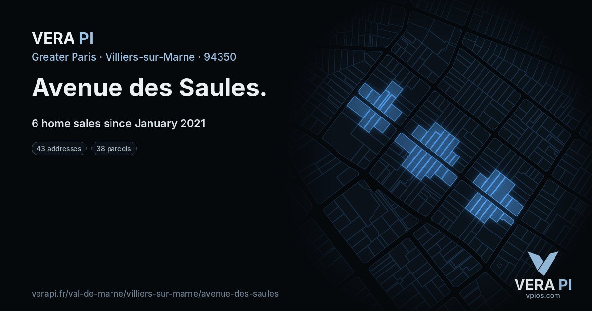 Avenue des Saules, Villiers-sur-Marne at night – every parcel coloured by the prices around it, the street's own parcels lit