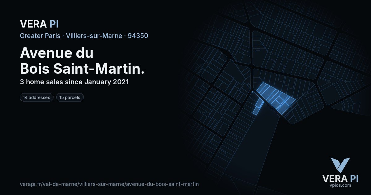 Avenue du Bois Saint-Martin, Villiers-sur-Marne at night – every parcel coloured by the prices around it, the street's own parcels lit