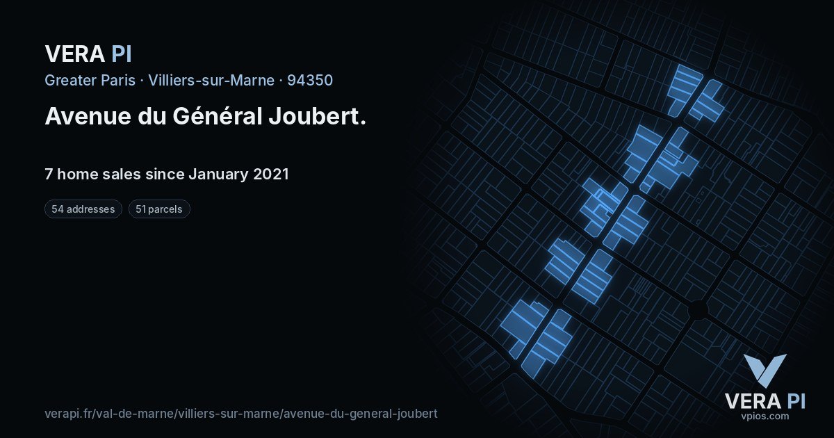 Avenue du Général Joubert, Villiers-sur-Marne at night – every parcel coloured by the prices around it, the street's own parcels lit