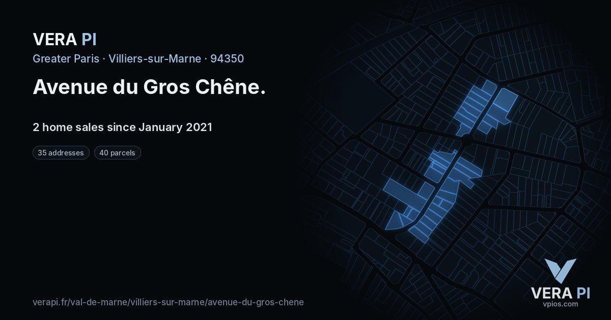 Avenue du Gros Chêne, Villiers-sur-Marne at night – every parcel coloured by the prices around it, the street's own parcels lit
