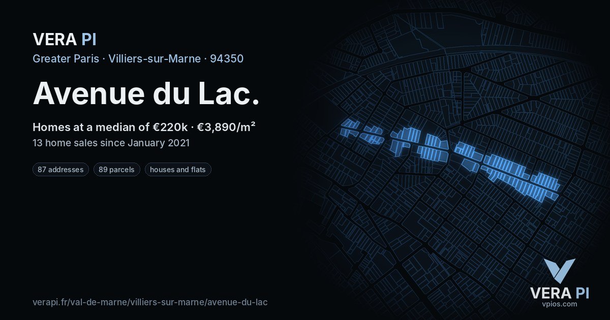Avenue du Lac, Villiers-sur-Marne at night – every parcel coloured by the prices around it, the street's own parcels lit