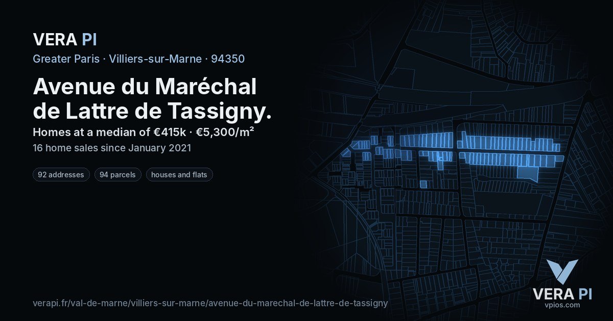 Avenue du Maréchal de Lattre de Tassigny, Villiers-sur-Marne at night – every parcel coloured by the prices around it, the street's own parcels lit